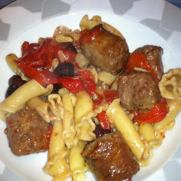 recette Campanelle aux saucisses et poivrons rouges rôtis