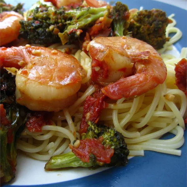 receta Gambas, Brócoli Y Tomates Secados Al Sol Scampi Con Cabello De ángel