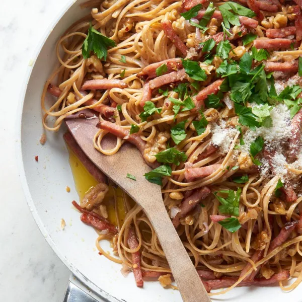 receta Linguini De Jamón Asado Y Nueces