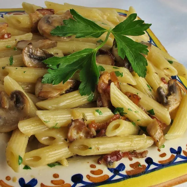 receta Penne au bacon et aux champignons